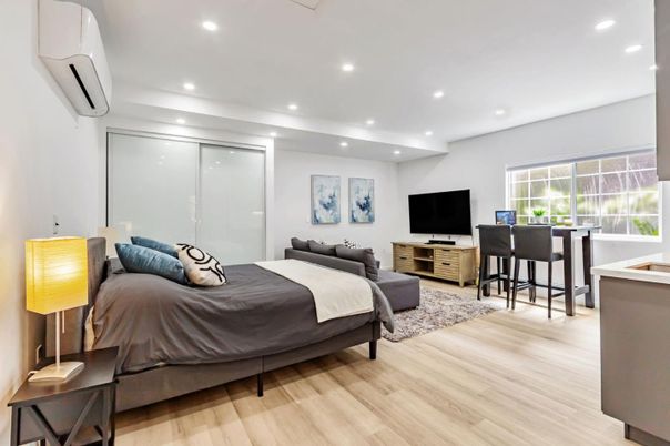 Bedroom, Interior, Recessed Lighting, Wood Texture Flooring
