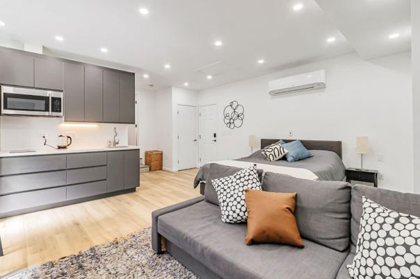 Bedroom, Interior, Recessed Lighting, Stainless Steel Appliances, Wood Texture Flooring