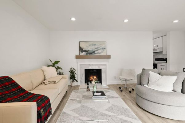 Fireplace, Interior, Living room, Recessed Lighting, Wood Texture Flooring