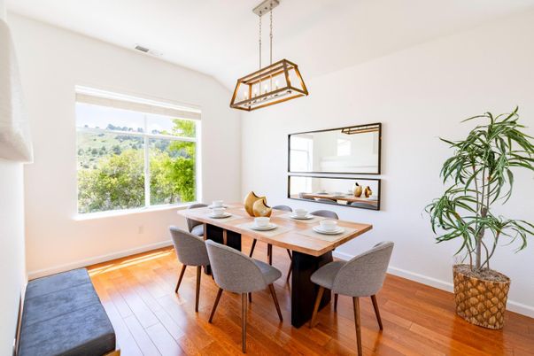Dining room, Interior, Pendant Lights, Wood Texture Flooring