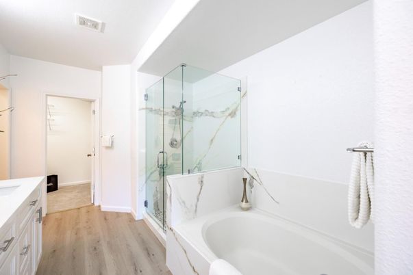 Bathroom, Glass Shower, Interior, Marble Walls, Wood Texture Flooring