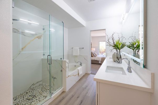 Bathroom, Bedroom, Dual Sink Vanities, Glass Shower, Interior, Marble Walls, Wood Texture Flooring