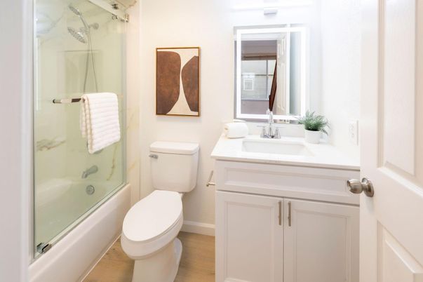 Bathroom, Glass Shower, Interior, Wood Texture Flooring