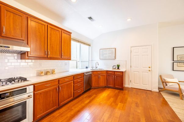 Interior, Kitchen, Recessed Lighting, Stainless Steel Appliances, Wood Texture Flooring