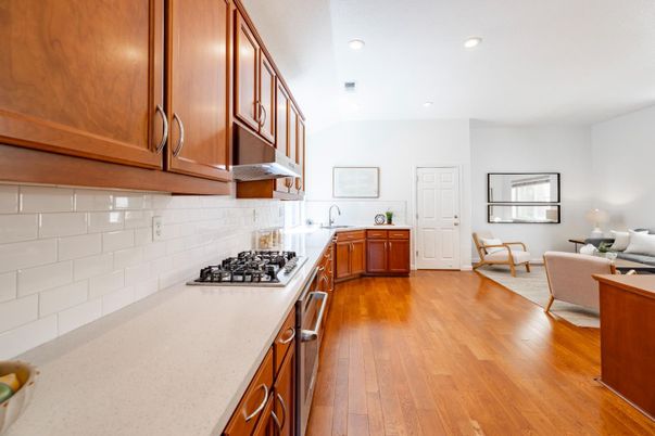 Interior, Kitchen, Living room, Recessed Lighting, Wood Texture Flooring