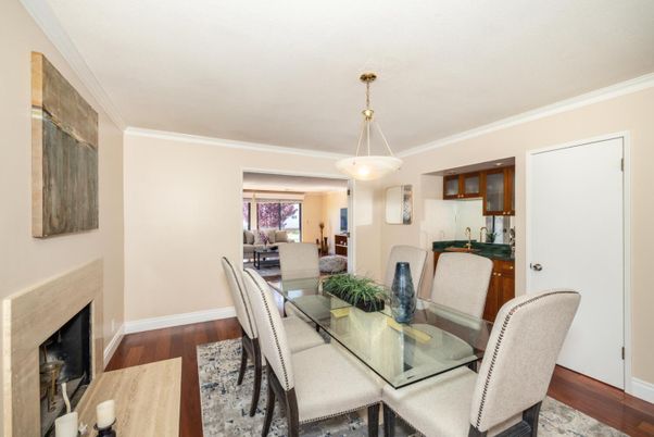 Dining room, Fireplace, Interior, Living room, Pendant Lights, Wood Texture Flooring