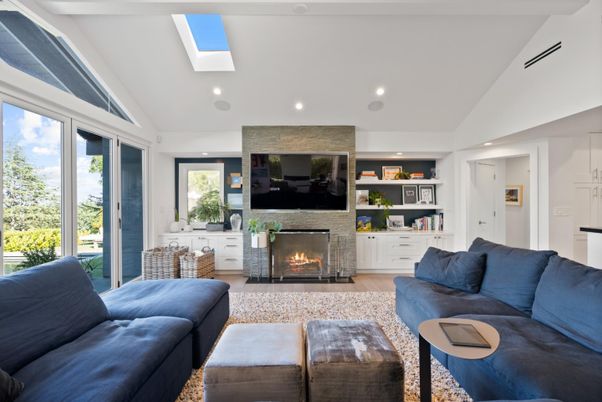 Fireplace, Interior, Living room, Recessed Lighting, Wood Texture Flooring