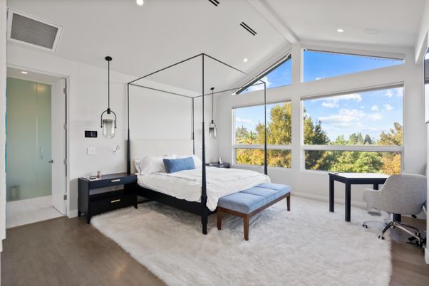 Bedroom, Interior, Pendant Lights, Recessed Lighting, Wood Texture Flooring