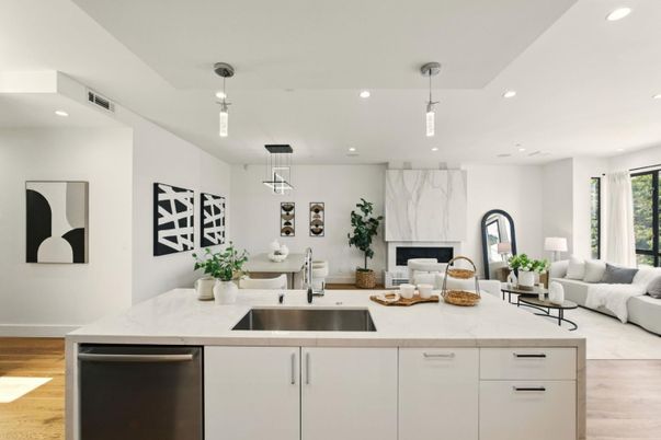 Fireplace, Interior, Kitchen, Living room, Pendant Lights, Recessed Lighting, Wood Texture Flooring