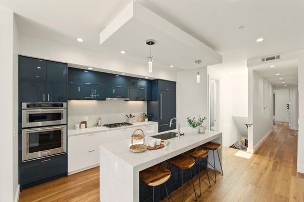 Interior, Kitchen, Pendant Lights, Recessed Lighting, Stainless Steel Appliances, Wood Texture Flooring