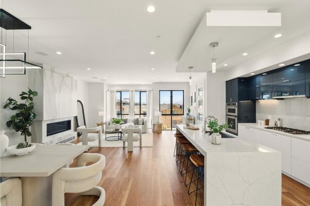 Fireplace, Interior, Kitchen, Living room, Marble Walls, Pendant Lights, Recessed Lighting, Wood Texture Flooring