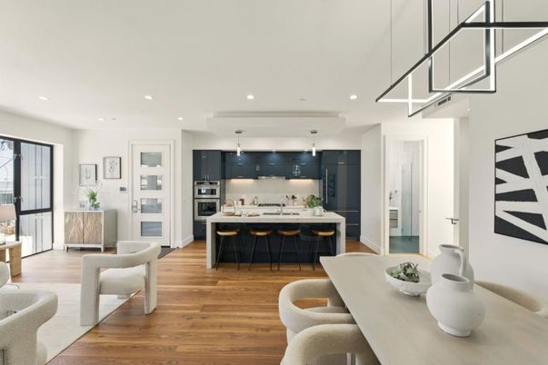 Dining room, Interior, Kitchen, Pendant Lights, Recessed Lighting, Stainless Steel Appliances, Wood Texture Flooring