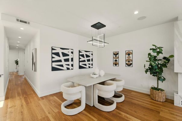 Dining room, Interior, Pendant Lights, Recessed Lighting, Wood Texture Flooring