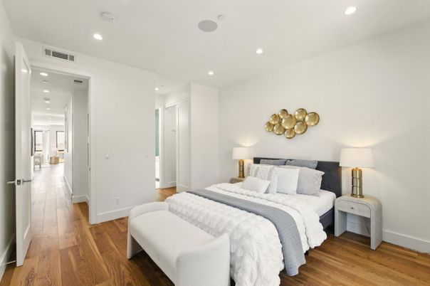 Bedroom, Interior, Recessed Lighting, Wood Texture Flooring