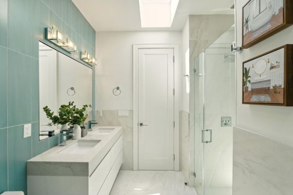 Bathroom, Dual Sink Vanities, Glass Shower, Interior, Marble, Marble Walls