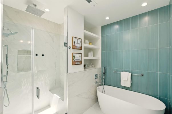 Bathroom, Free Standing Baths, Glass Shower, Interior, Marble Walls, Recessed Lighting