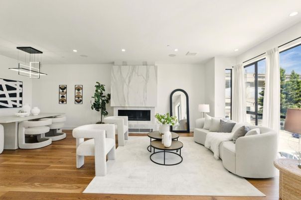 Dining room, Fireplace, Interior, Living room, Pendant Lights, Recessed Lighting, Wood Texture Flooring