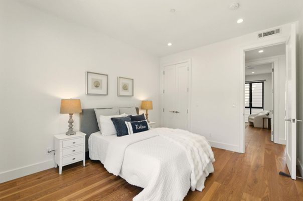 Bedroom, Interior, Recessed Lighting, Wood Texture Flooring
