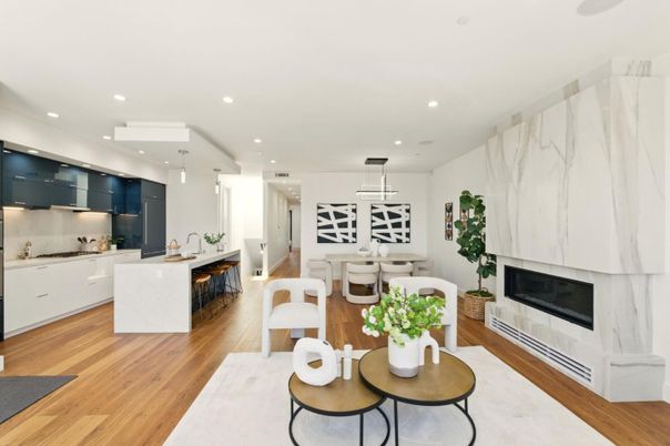 Dining room, Fireplace, Interior, Kitchen, Marble Walls, Pendant Lights, Recessed Lighting, Wood Texture Flooring