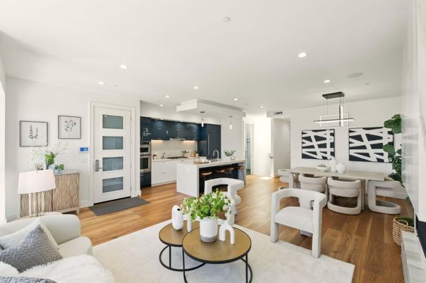 Dining room, Interior, Kitchen, Living room, Pendant Lights, Recessed Lighting, Stainless Steel Appliances, Wood Texture Flooring