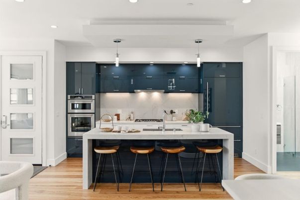 Interior, Kitchen, Pendant Lights, Recessed Lighting, Stainless Steel Appliances, Wood Texture Flooring
