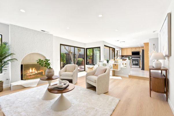 Dining room, Fireplace, Interior, Kitchen, Living room, Recessed Lighting, Stainless Steel Appliances, Wood Texture Flooring