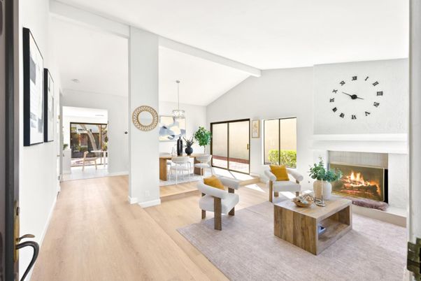Dining room, Fireplace, Interior, Living room, Pendant Lights, Wood Texture Flooring