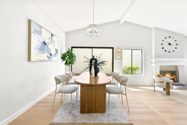 Dining room, Fireplace, Interior, Pendant Lights, Wood Texture Flooring