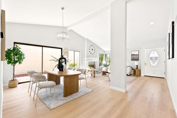 Dining room, Interior, Pendant Lights, Wood Texture Flooring