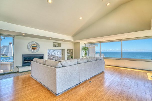 Fireplace, Interior, Living room, Recessed Lighting, Water, Wood Texture Flooring