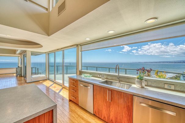 Interior, Kitchen, Recessed Lighting, Stainless Steel Appliances, Water, Wood Texture Flooring