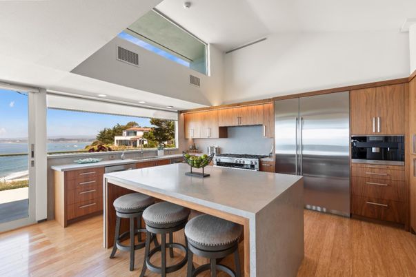 Interior, Kitchen, Recessed Lighting, Stainless Steel Appliances, Water, Wood Texture Flooring