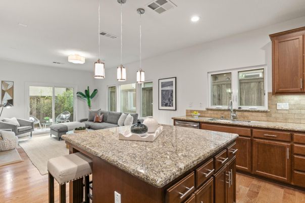 Interior, Kitchen, Living room, Pendant Lights, Recessed Lighting, Wood Texture Flooring