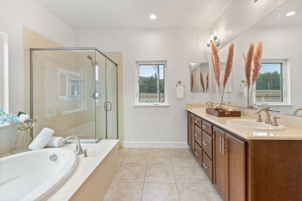 Bathroom, Dual Sink Vanities, Glass Shower, Interior, Recessed Lighting