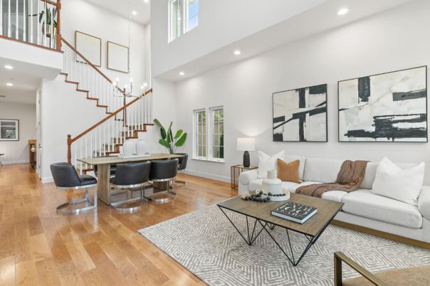 Dining room, Interior, Living room, Pendant Lights, Recessed Lighting, Wood Texture Flooring
