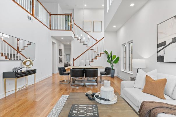Dining room, Interior, Pendant Lights, Recessed Lighting, Wood Texture Flooring