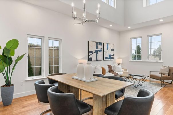Chandelier, Dining room, Interior, Living room, Recessed Lighting, Wood Texture Flooring