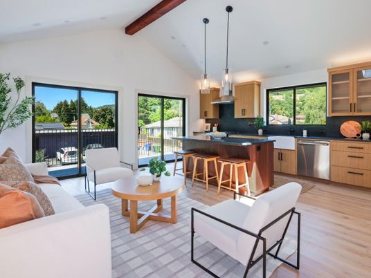 Interior, Kitchen, Living room, Pendant Lights, Recessed Lighting, Stainless Steel Appliances, Wooden Beams, Wood Texture Flooring