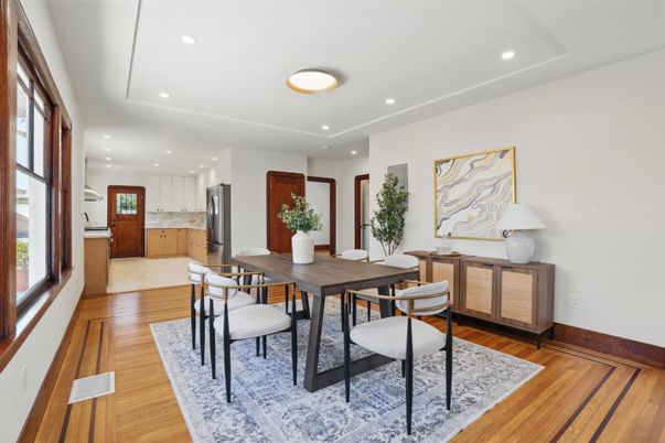 Dining room, Interior, Kitchen, Recessed Lighting, Stainless Steel Appliances, Wood Texture Flooring