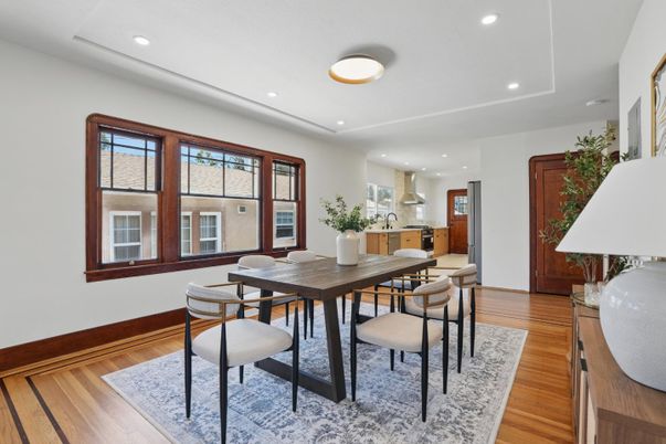 Dining room, Interior, Kitchen, Recessed Lighting, Wood Texture Flooring
