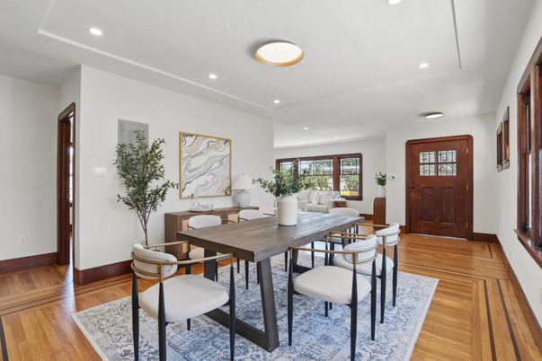 Dining room, Interior, Living room, Recessed Lighting, Wood Texture Flooring