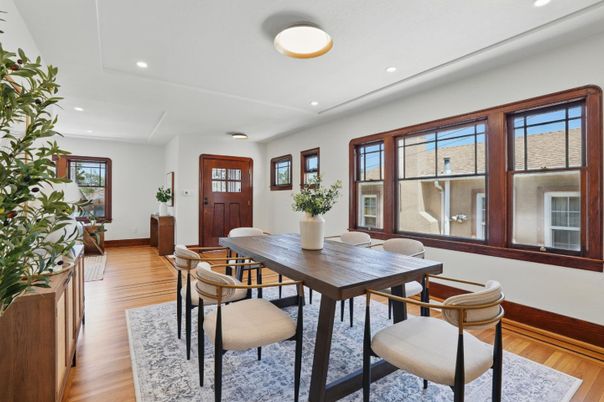 Dining room, Interior, Recessed Lighting, Wood Texture Flooring
