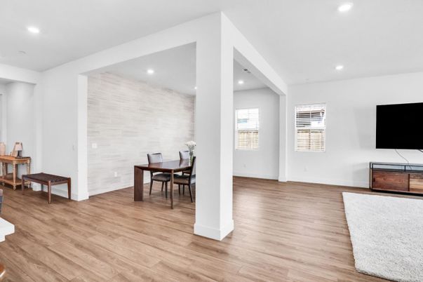 Dining room, Interior, Recessed Lighting, Wood Texture Flooring