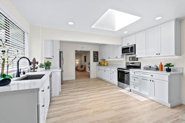 Interior, Kitchen, Recessed Lighting, Stainless Steel Appliances, Wood Texture Flooring