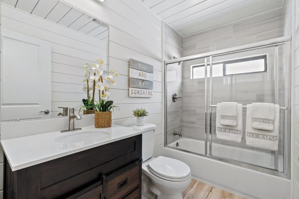 Bathroom, Glass Shower, Interior, Wood Texture Flooring