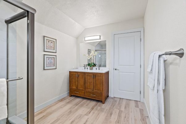 Bathroom, Glass Shower, Interior, Wood Texture Flooring