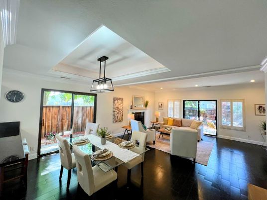 Dining room, Fireplace, Interior, Living room, Pendant Lights, Recessed Lighting, Wood Texture Flooring