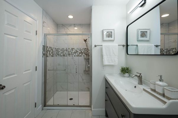 Bathroom, Glass Shower, Interior, Marble Walls, Recessed Lighting