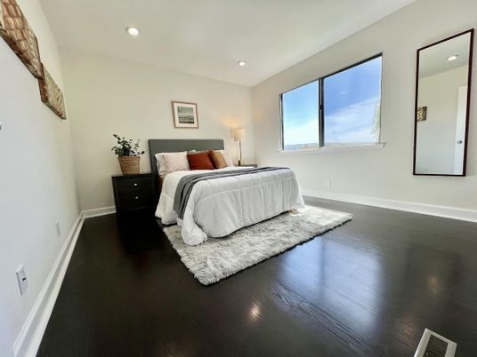 Bedroom, Interior, Recessed Lighting, Wood Texture Flooring