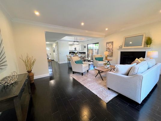 Dining room, Fireplace, Interior, Living room, Pendant Lights, Recessed Lighting, Wood Texture Flooring